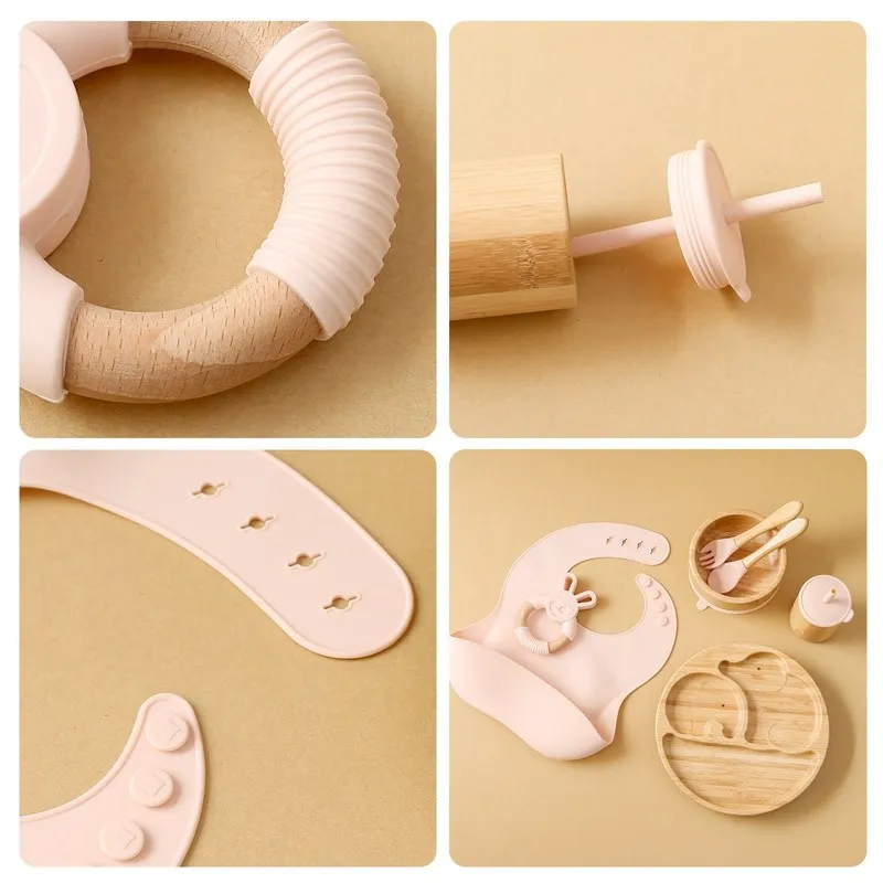 Baby Tableware Set Feeding Bowl Dinner Plate Cup Bibs Spoon Fork Bamboo Wooden Children's Feeding Dishes Sets BPA Free Non-Slip