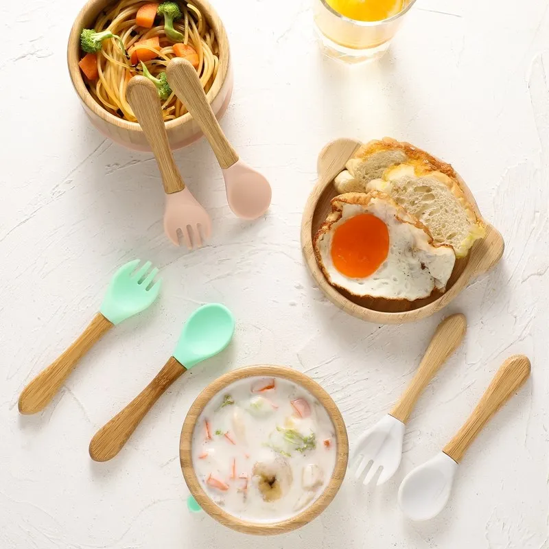 Baby Tableware Set Feeding Bowl Dinner Plate Cup Bibs Spoon Fork Bamboo Wooden Children's Feeding Dishes Sets BPA Free Non-Slip