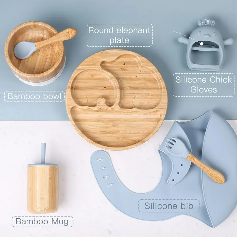 Baby Tableware Set Feeding Bowl Dinner Plate Cup Bibs Spoon Fork Bamboo Wooden Children's Feeding Dishes Sets BPA Free Non-Slip