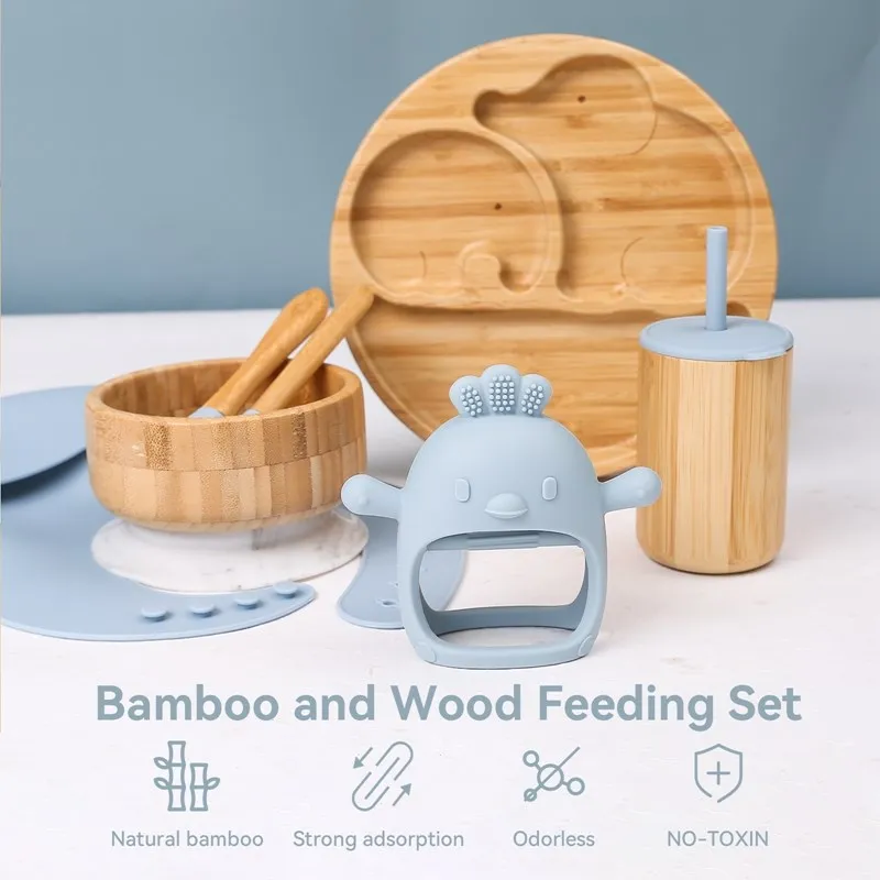 Baby Tableware Set Feeding Bowl Dinner Plate Cup Bibs Spoon Fork Bamboo Wooden Children's Feeding Dishes Sets BPA Free Non-Slip