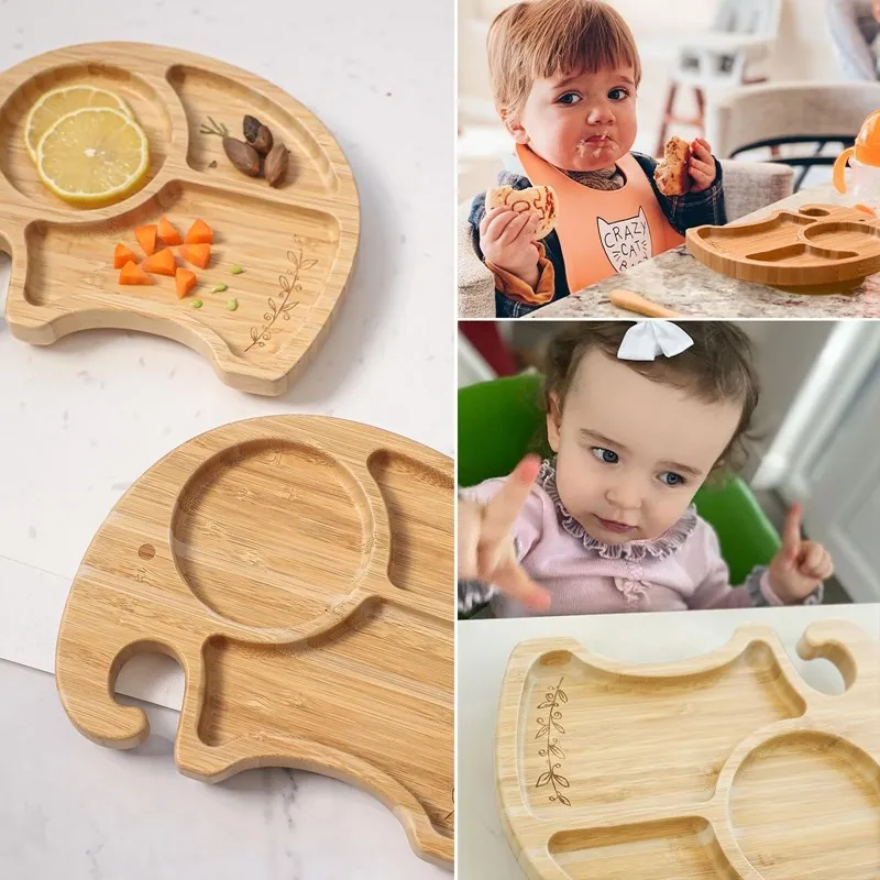 Baby Tableware Set Feeding Bowl Dinner Plate Cup Bibs Spoon Fork Bamboo Wooden Children's Feeding Dishes Sets BPA Free Non-Slip