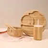 Baby Tableware Set Feeding Bowl Dinner Plate Cup Bibs Spoon Fork Bamboo Wooden Children's Feeding Dishes Sets BPA Free Non-Slip