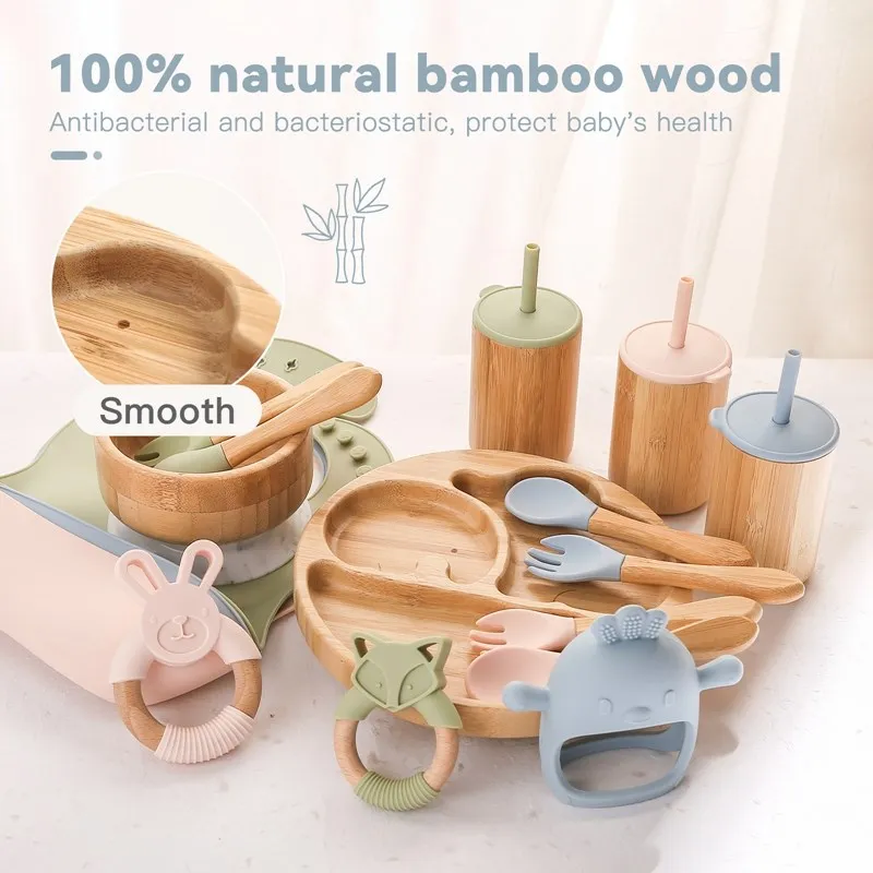 Baby Tableware Set Feeding Bowl Dinner Plate Cup Bibs Spoon Fork Bamboo Wooden Children's Feeding Dishes Sets BPA Free Non-Slip