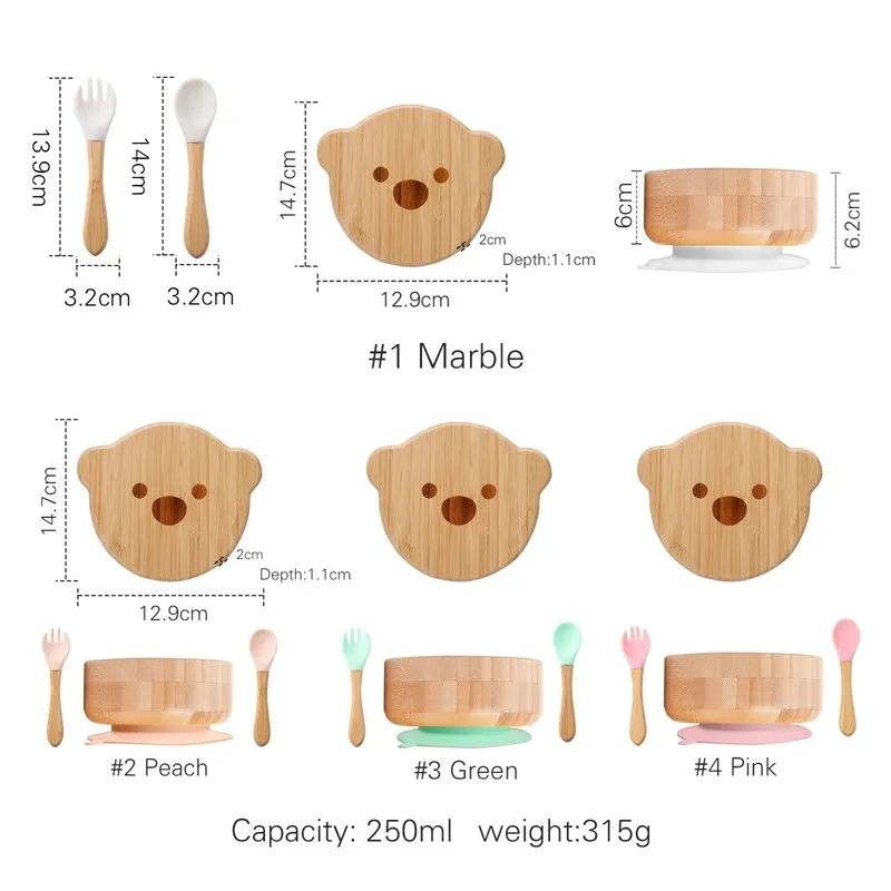 Baby Tableware Set Feeding Bowl Dinner Plate Cup Bibs Spoon Fork Bamboo Wooden Children's Feeding Dishes Sets BPA Free Non-Slip