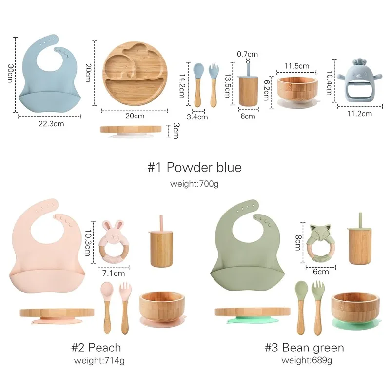 Baby Tableware Set Feeding Bowl Dinner Plate Cup Bibs Spoon Fork Bamboo Wooden Children's Feeding Dishes Sets BPA Free Non-Slip