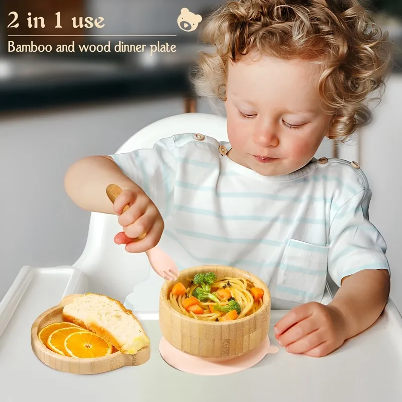 Baby Tableware Set Feeding Bowl Dinner Plate Cup Bibs Spoon Fork Bamboo Wooden Children's Feeding Dishes Sets BPA Free Non-Slip