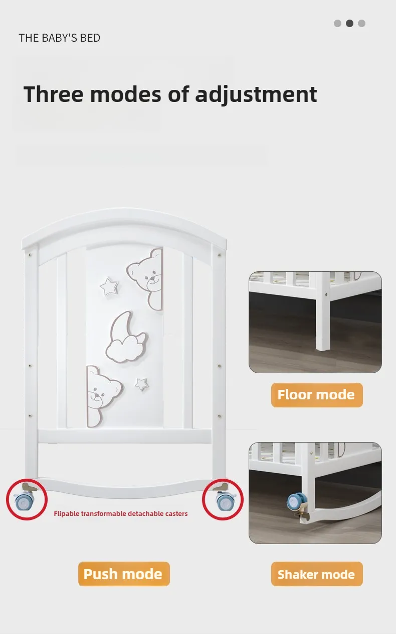 Newborn Solid Wood Crib, Movable Splicing Bed Multifunctional Baby Rocking Bed, Adjustable Guardrail Height, with Mosquito Net