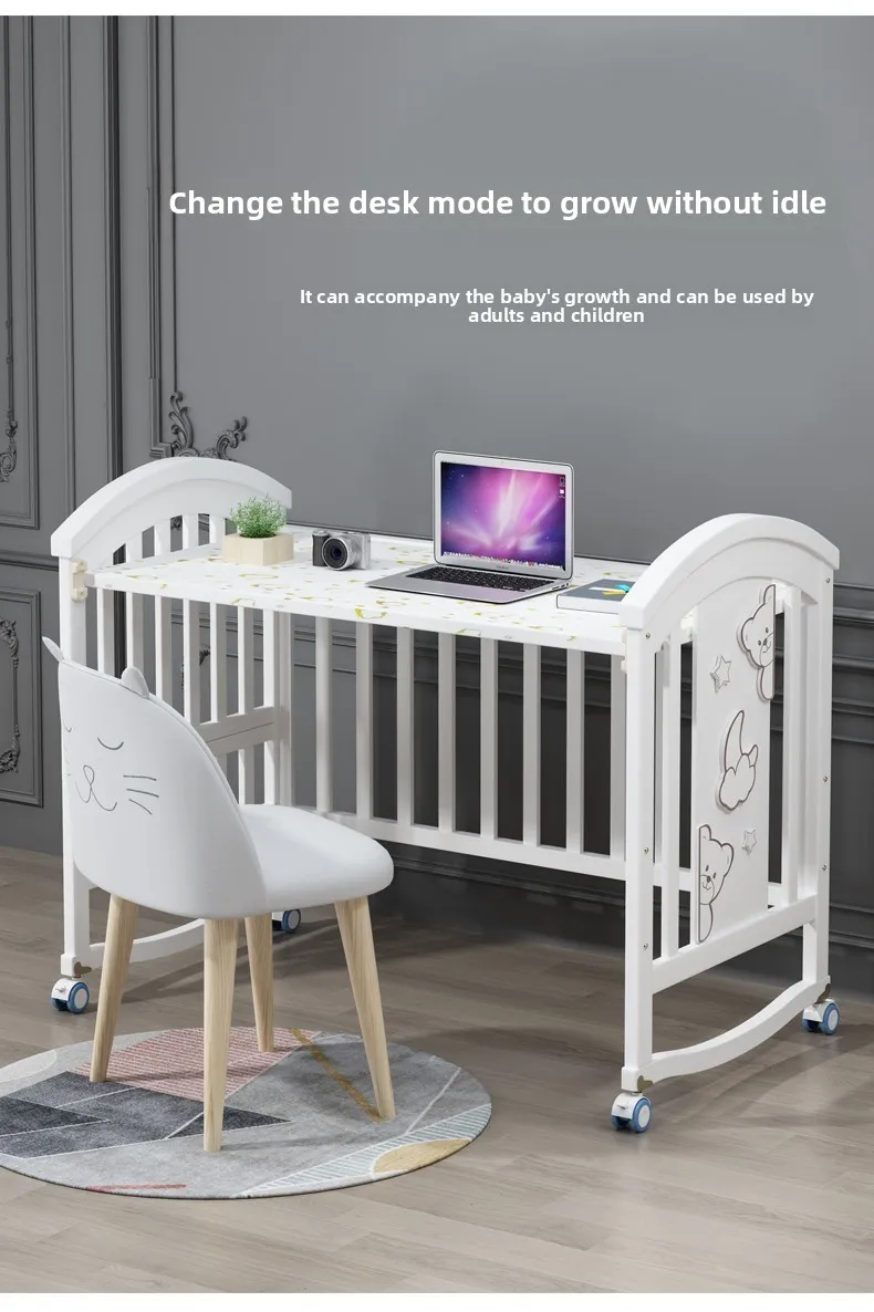 Newborn Solid Wood Crib, Movable Splicing Bed Multifunctional Baby Rocking Bed, Adjustable Guardrail Height, with Mosquito Net
