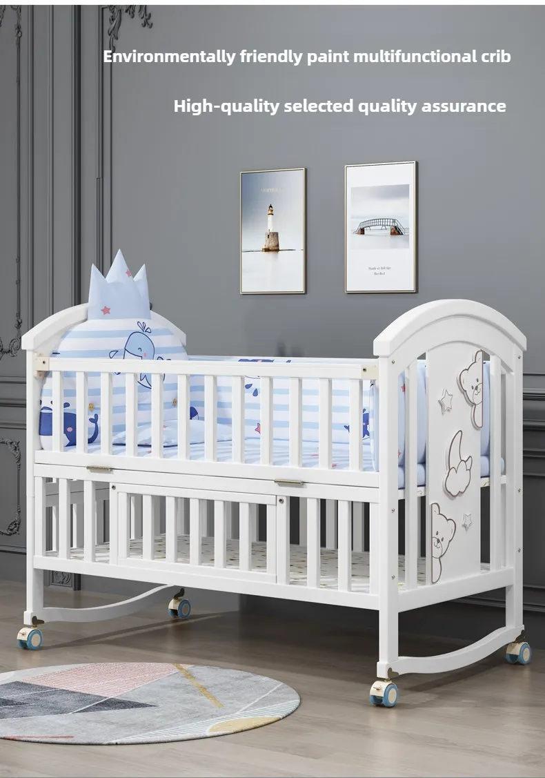 Newborn Solid Wood Crib, Movable Splicing Bed Multifunctional Baby Rocking Bed, Adjustable Guardrail Height, with Mosquito Net