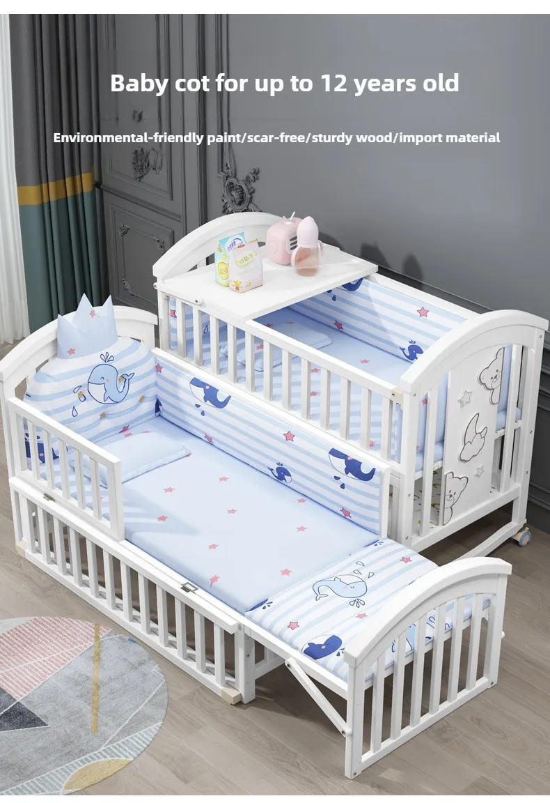 Newborn Solid Wood Crib, Movable Splicing Bed Multifunctional Baby Rocking Bed, Adjustable Guardrail Height, with Mosquito Net