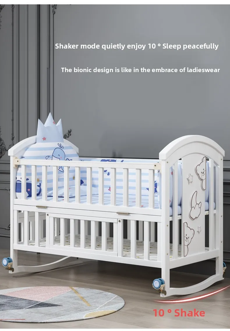 Newborn Solid Wood Crib, Movable Splicing Bed Multifunctional Baby Rocking Bed, Adjustable Guardrail Height, with Mosquito Net