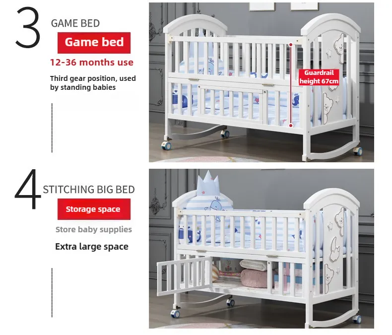 Newborn Solid Wood Crib, Movable Splicing Bed Multifunctional Baby Rocking Bed, Adjustable Guardrail Height, with Mosquito Net