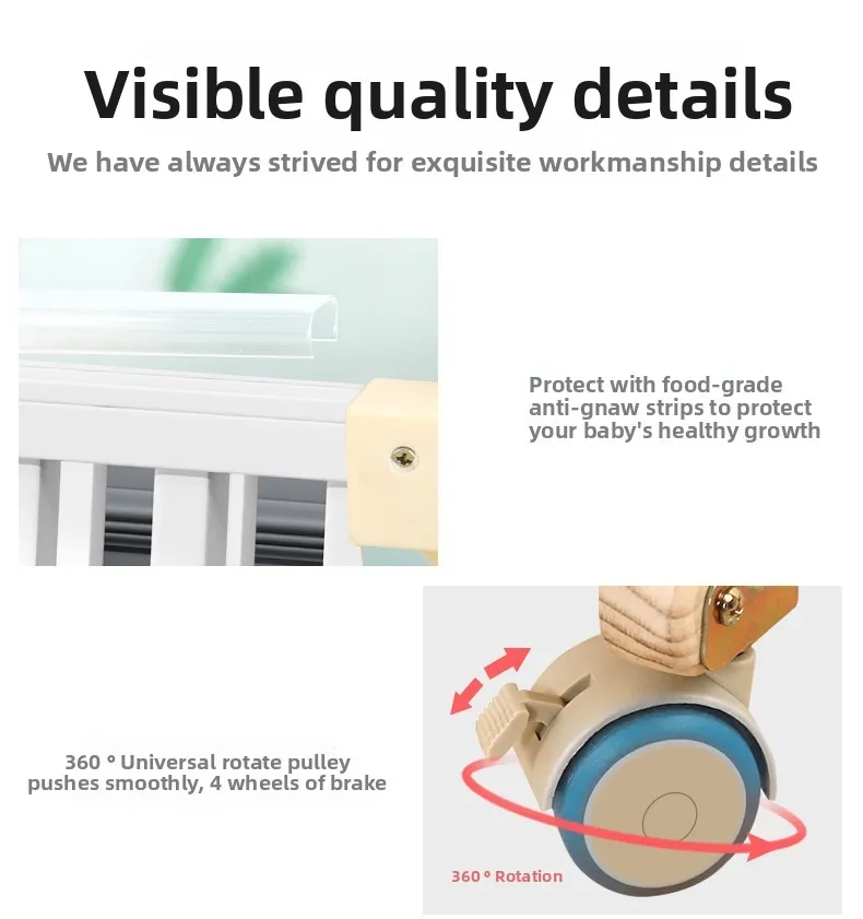 Newborn Solid Wood Crib, Movable Splicing Bed Multifunctional Baby Rocking Bed, Adjustable Guardrail Height, with Mosquito Net