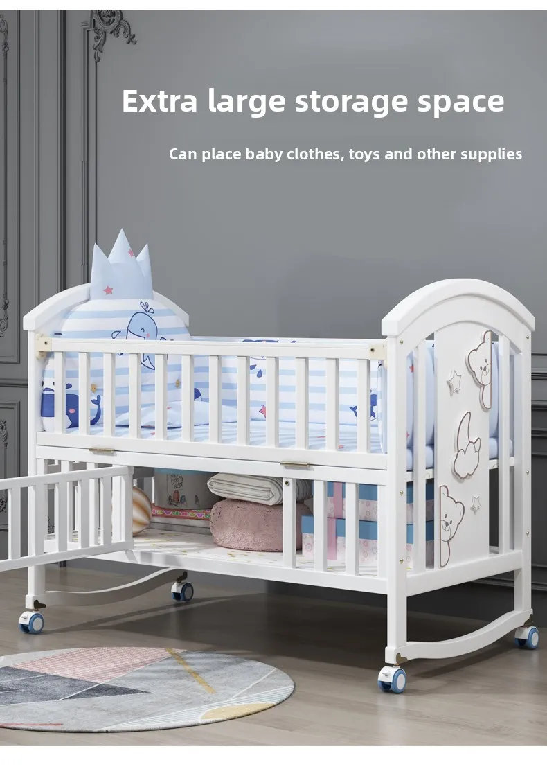 Newborn Solid Wood Crib, Movable Splicing Bed Multifunctional Baby Rocking Bed, Adjustable Guardrail Height, with Mosquito Net