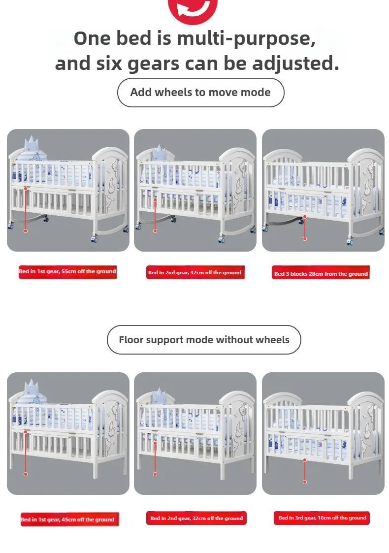 Newborn Solid Wood Crib, Movable Splicing Bed Multifunctional Baby Rocking Bed, Adjustable Guardrail Height, with Mosquito Net