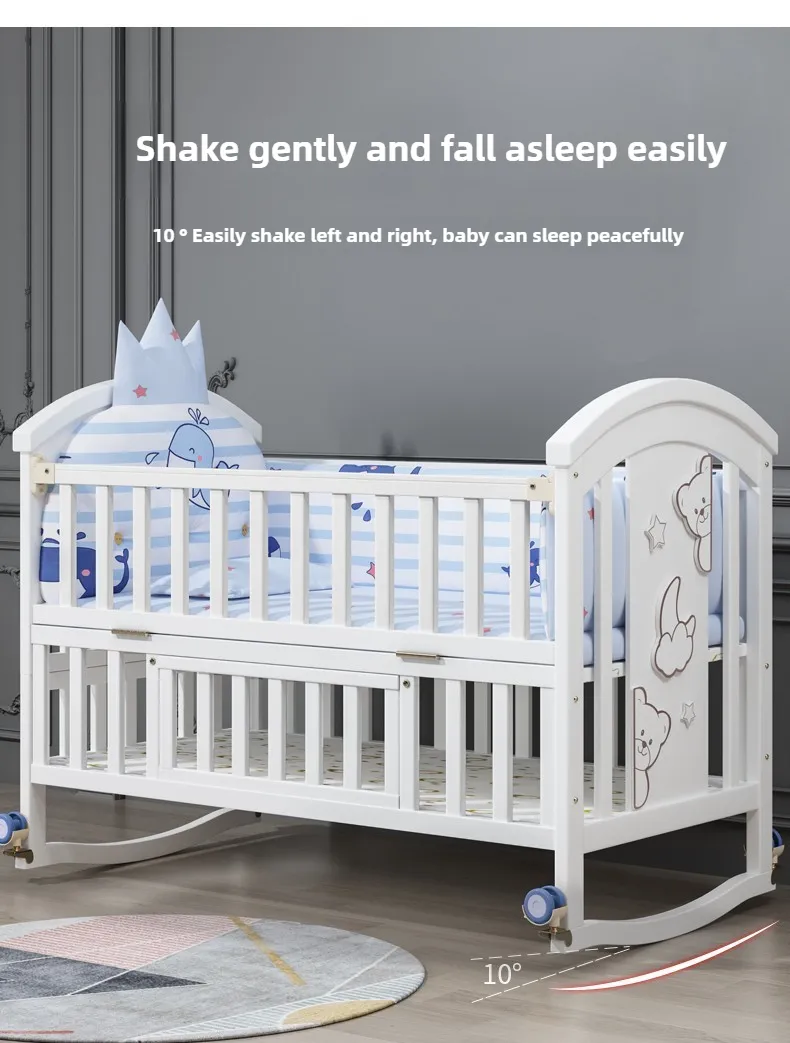 Newborn Solid Wood Crib, Movable Splicing Bed Multifunctional Baby Rocking Bed, Adjustable Guardrail Height, with Mosquito Net