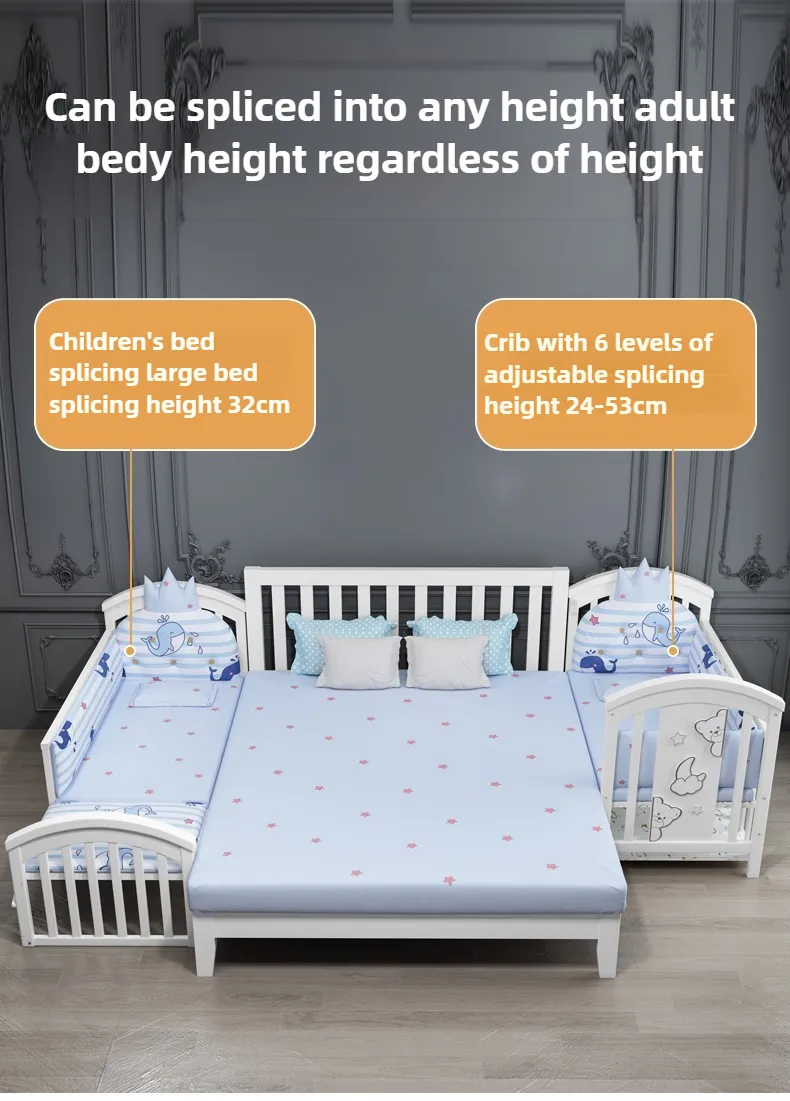 Newborn Solid Wood Crib, Movable Splicing Bed Multifunctional Baby Rocking Bed, Adjustable Guardrail Height, with Mosquito Net