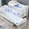 Newborn Solid Wood Crib, Movable Splicing Bed Multifunctional Baby Rocking Bed, Adjustable Guardrail Height, with Mosquito Net
