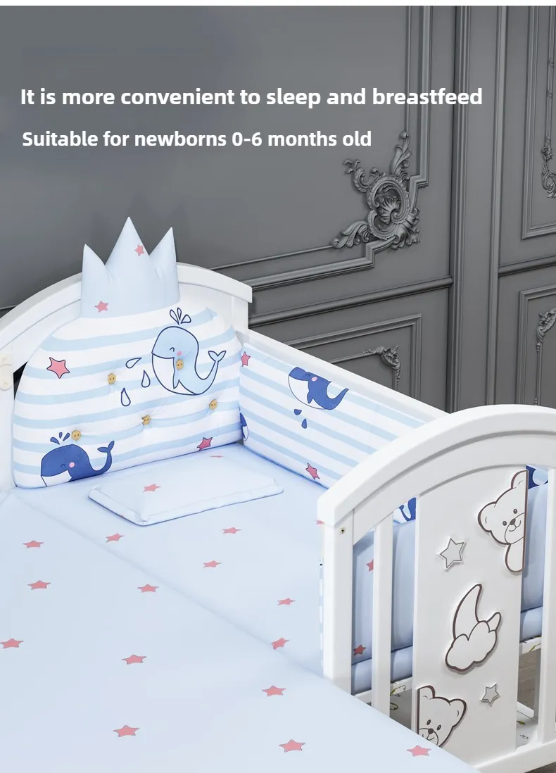 Newborn Solid Wood Crib, Movable Splicing Bed Multifunctional Baby Rocking Bed, Adjustable Guardrail Height, with Mosquito Net