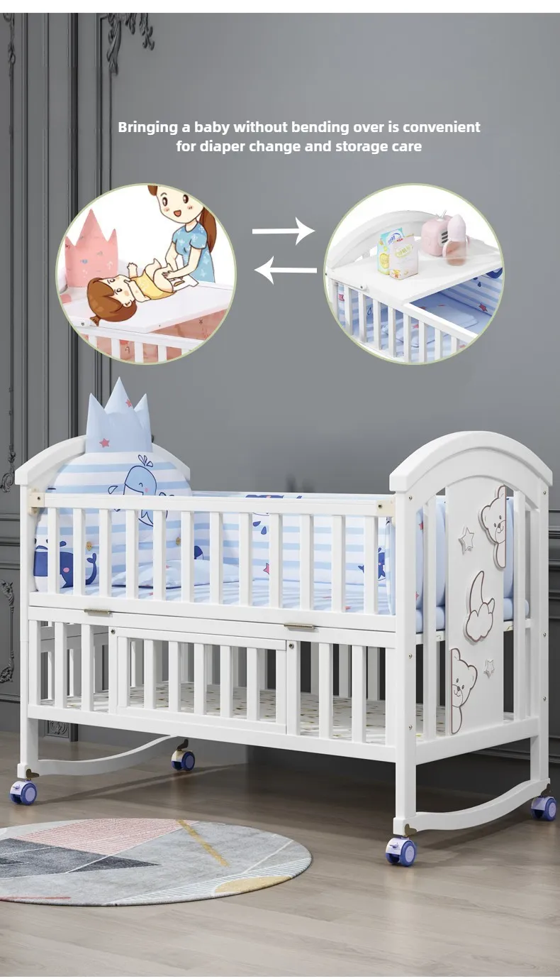 Newborn Solid Wood Crib, Movable Splicing Bed Multifunctional Baby Rocking Bed, Adjustable Guardrail Height, with Mosquito Net