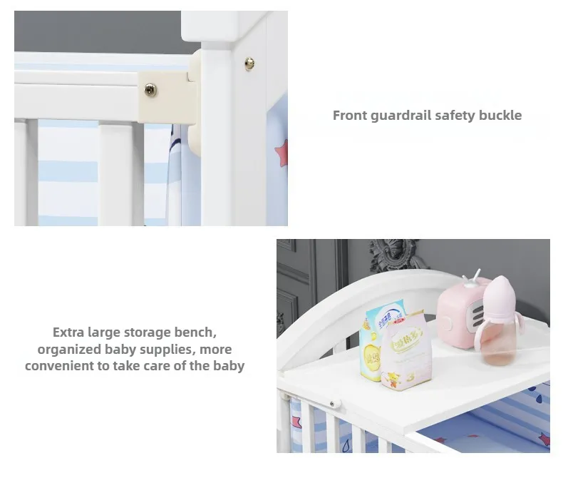 Newborn Solid Wood Crib, Movable Splicing Bed Multifunctional Baby Rocking Bed, Adjustable Guardrail Height, with Mosquito Net