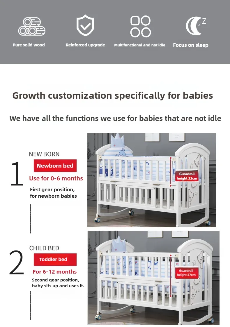Newborn Solid Wood Crib, Movable Splicing Bed Multifunctional Baby Rocking Bed, Adjustable Guardrail Height, with Mosquito Net