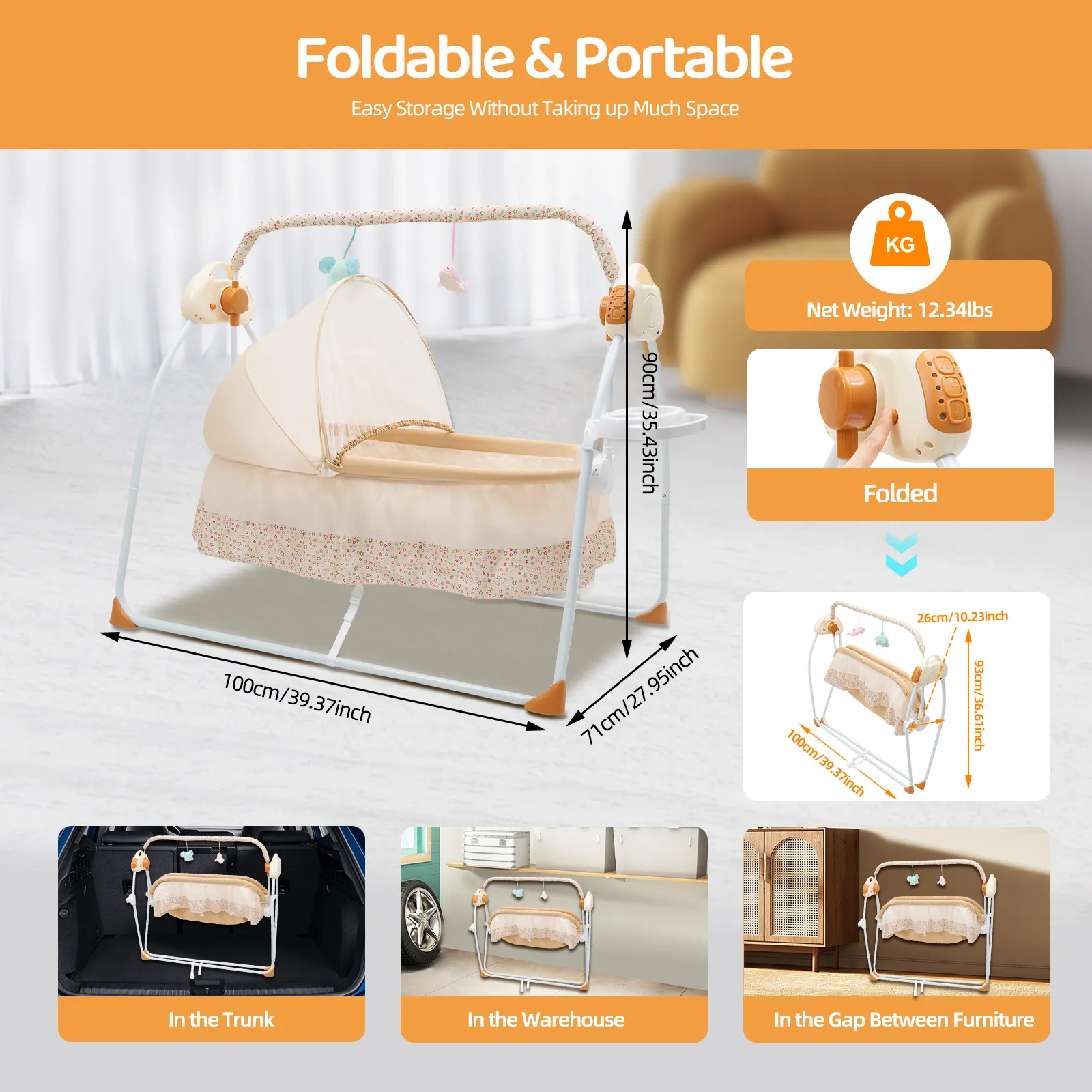 Electric Baby Crib Cradle, 0-18 MonthsInfant Bed Auto Swing with Remote Control/Music 25KG Capacity Foldable Baby Bassinet Khaki