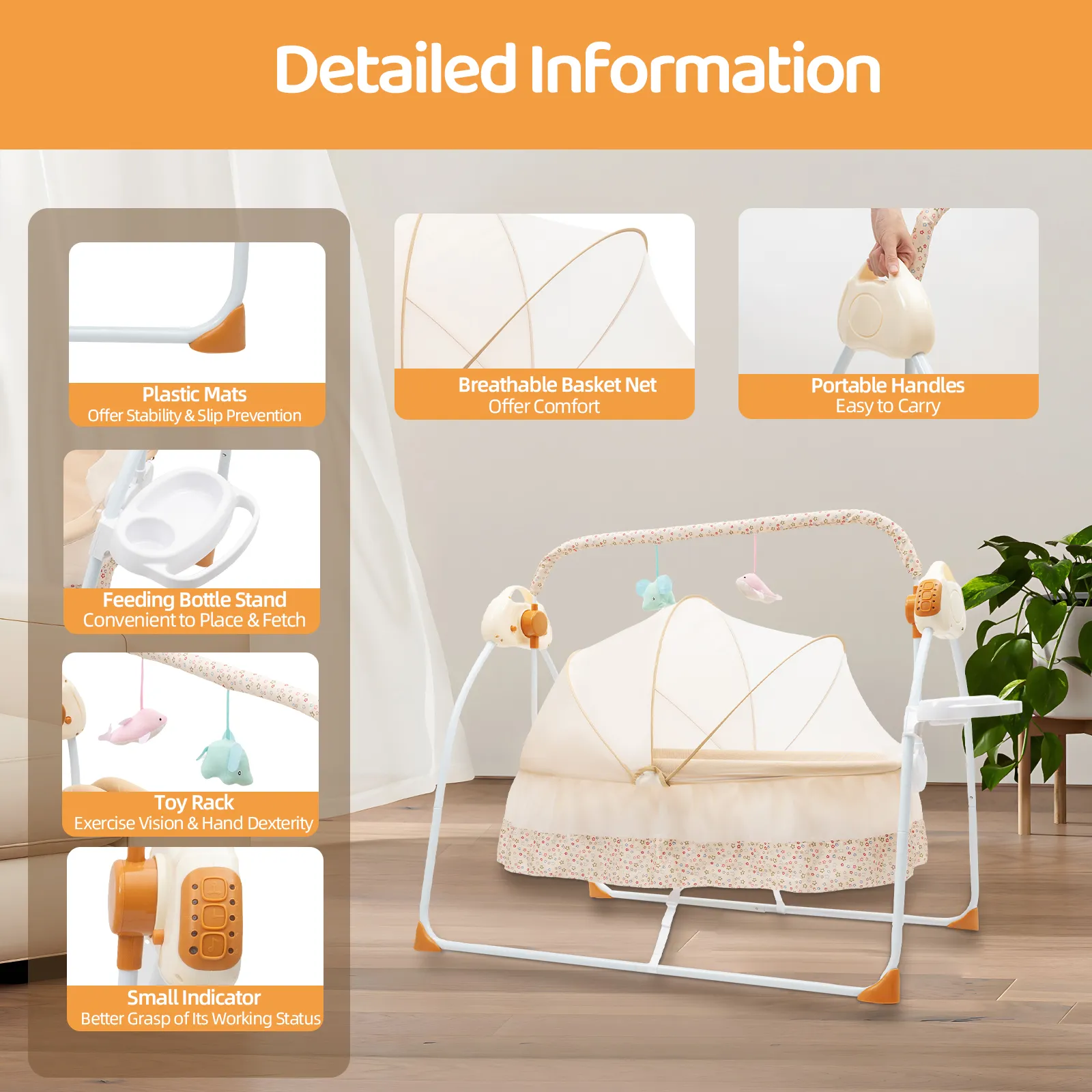 Electric Baby Crib Cradle, 0-18 MonthsInfant Bed Auto Swing with Remote Control/Music 25KG Capacity Foldable Baby Bassinet Khaki