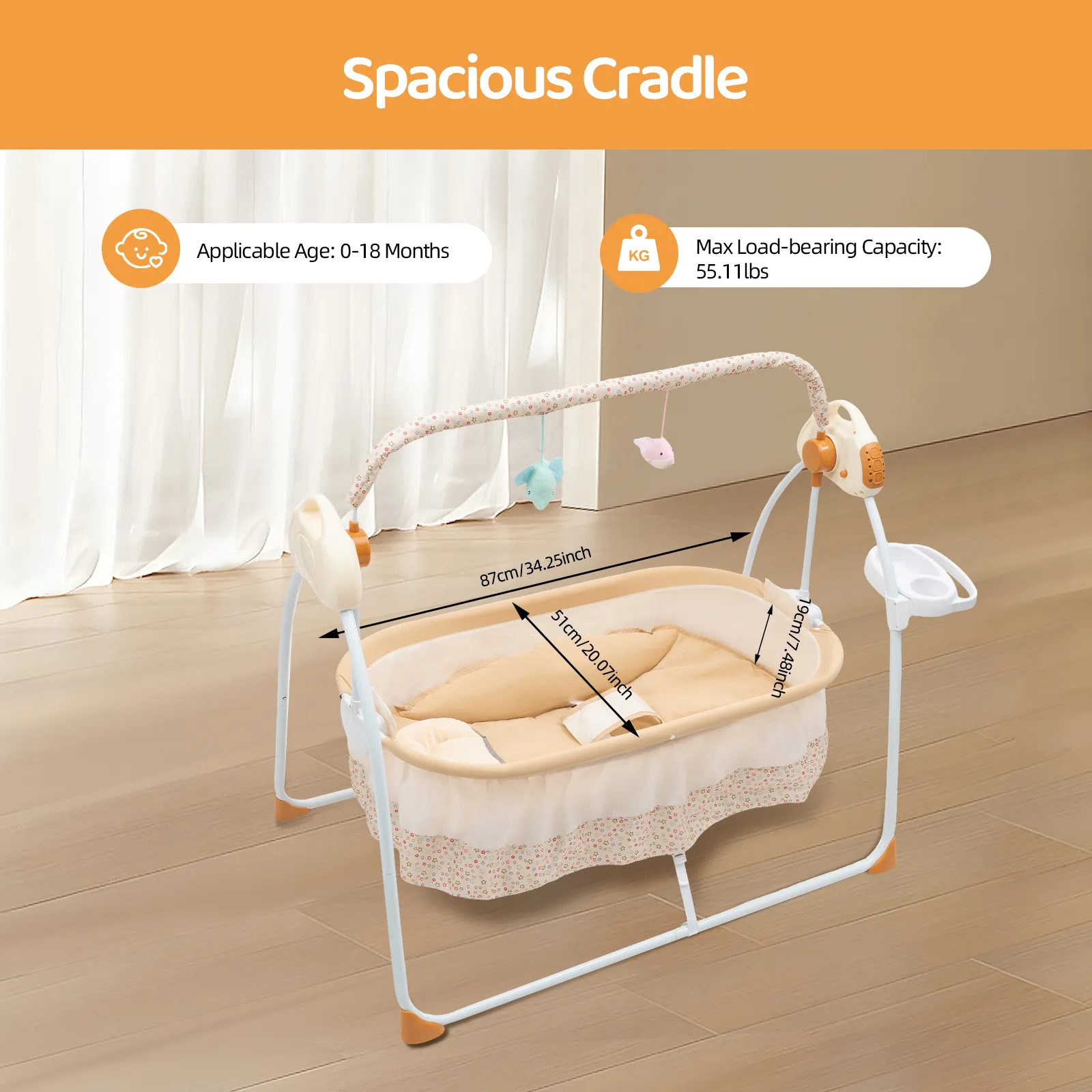 Electric Baby Crib Cradle, 0-18 MonthsInfant Bed Auto Swing with Remote Control/Music 25KG Capacity Foldable Baby Bassinet Khaki