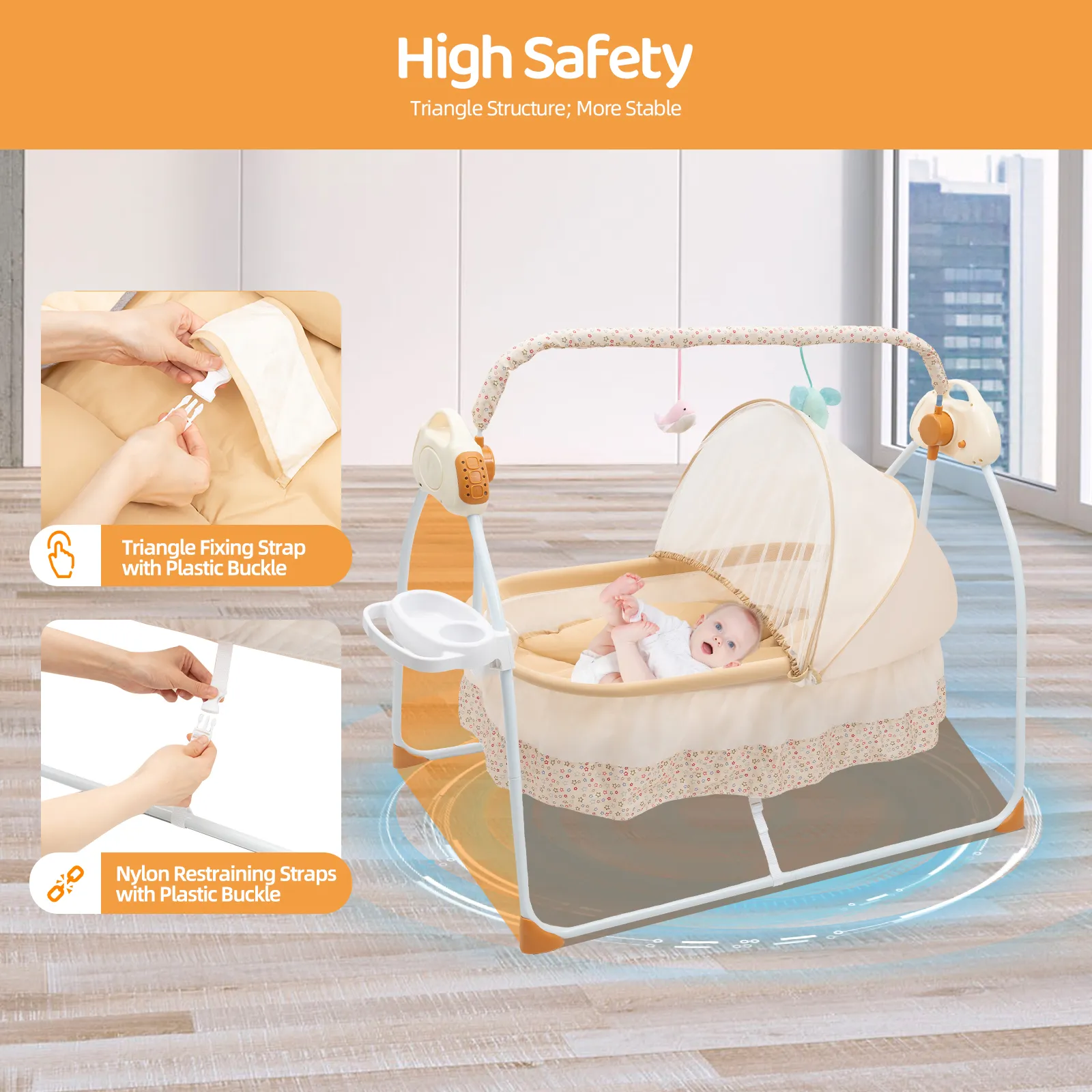 Electric Baby Crib Cradle, 0-18 MonthsInfant Bed Auto Swing with Remote Control/Music 25KG Capacity Foldable Baby Bassinet Khaki