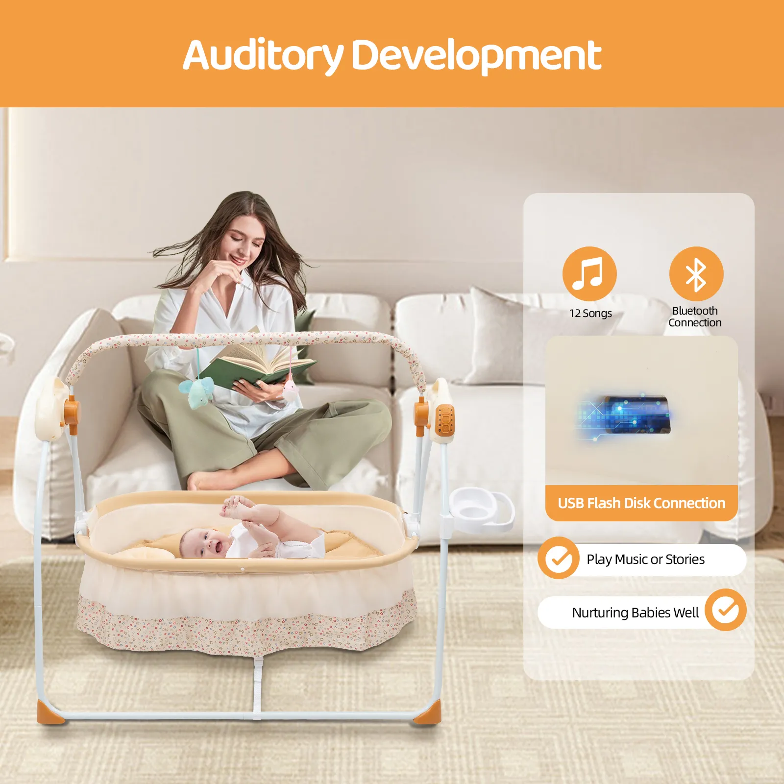 Electric Baby Crib Cradle, 0-18 MonthsInfant Bed Auto Swing with Remote Control/Music 25KG Capacity Foldable Baby Bassinet Khaki