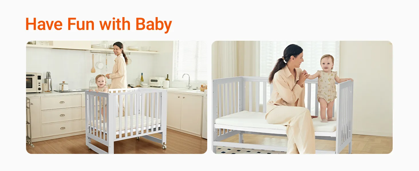 MAMAZING 11-In-1 Convertible Mini Cradle to Full Size Crib Removable Wheels 4 Adjustable Heights (WHITE)