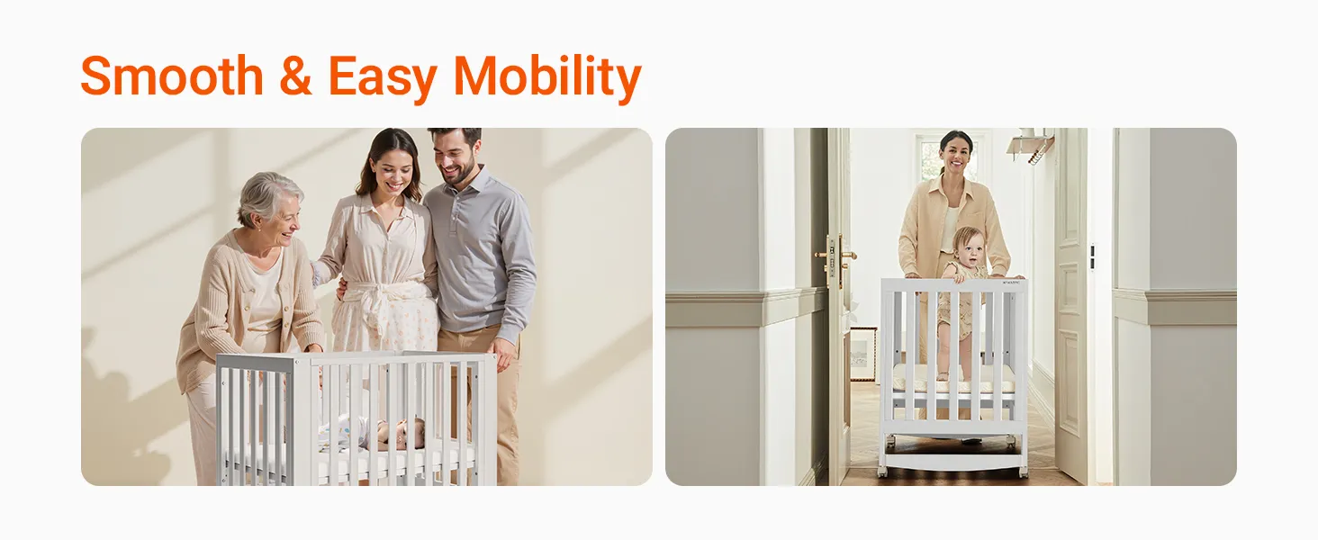 MAMAZING 11-In-1 Convertible Mini Cradle to Full Size Crib Removable Wheels 4 Adjustable Heights (WHITE)