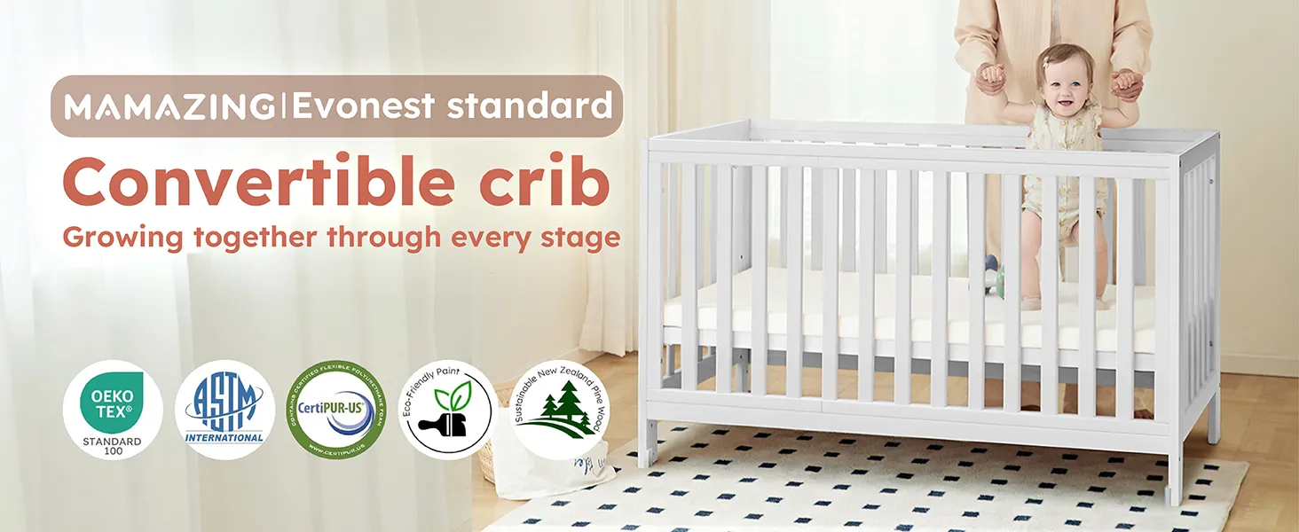 MAMAZING 11-In-1 Convertible Mini Cradle to Full Size Crib Removable Wheels 4 Adjustable Heights (WHITE)