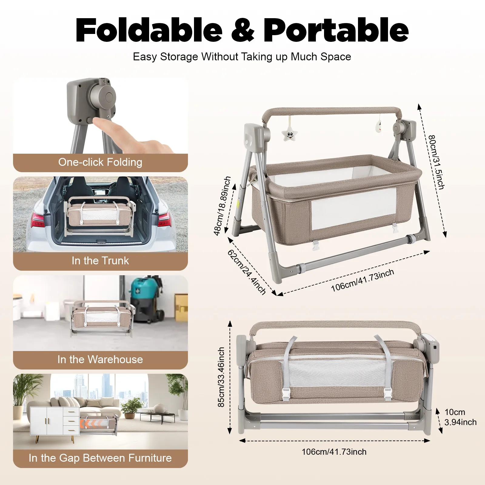 Gray/Khaki Electric Cradle Baby Swing Bed, Automatic Rocking Recliner Crib Basket, Music Remoter Control Sleeping Basket Cot