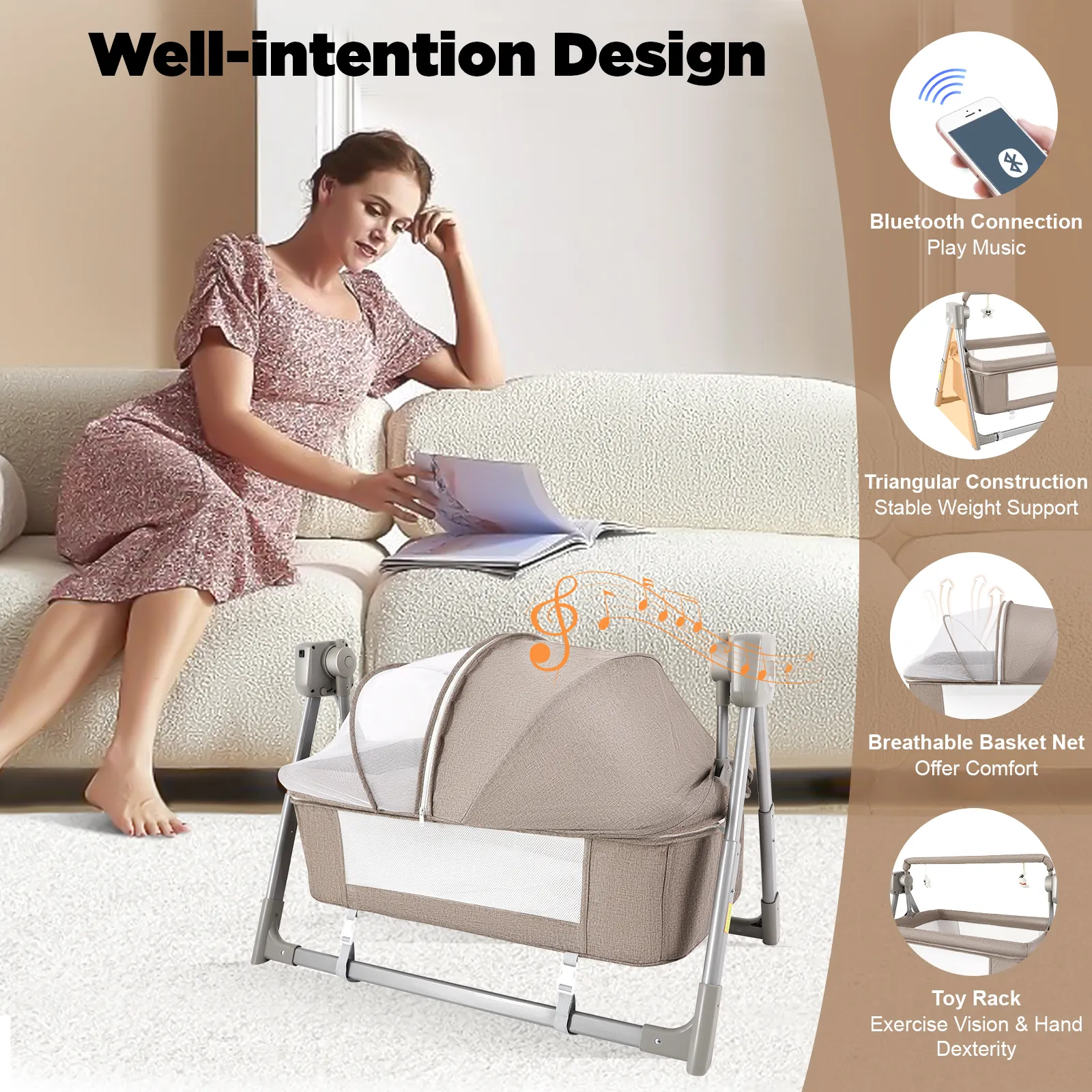 Gray/Khaki Electric Cradle Baby Swing Bed, Automatic Rocking Recliner Crib Basket, Music Remoter Control Sleeping Basket Cot