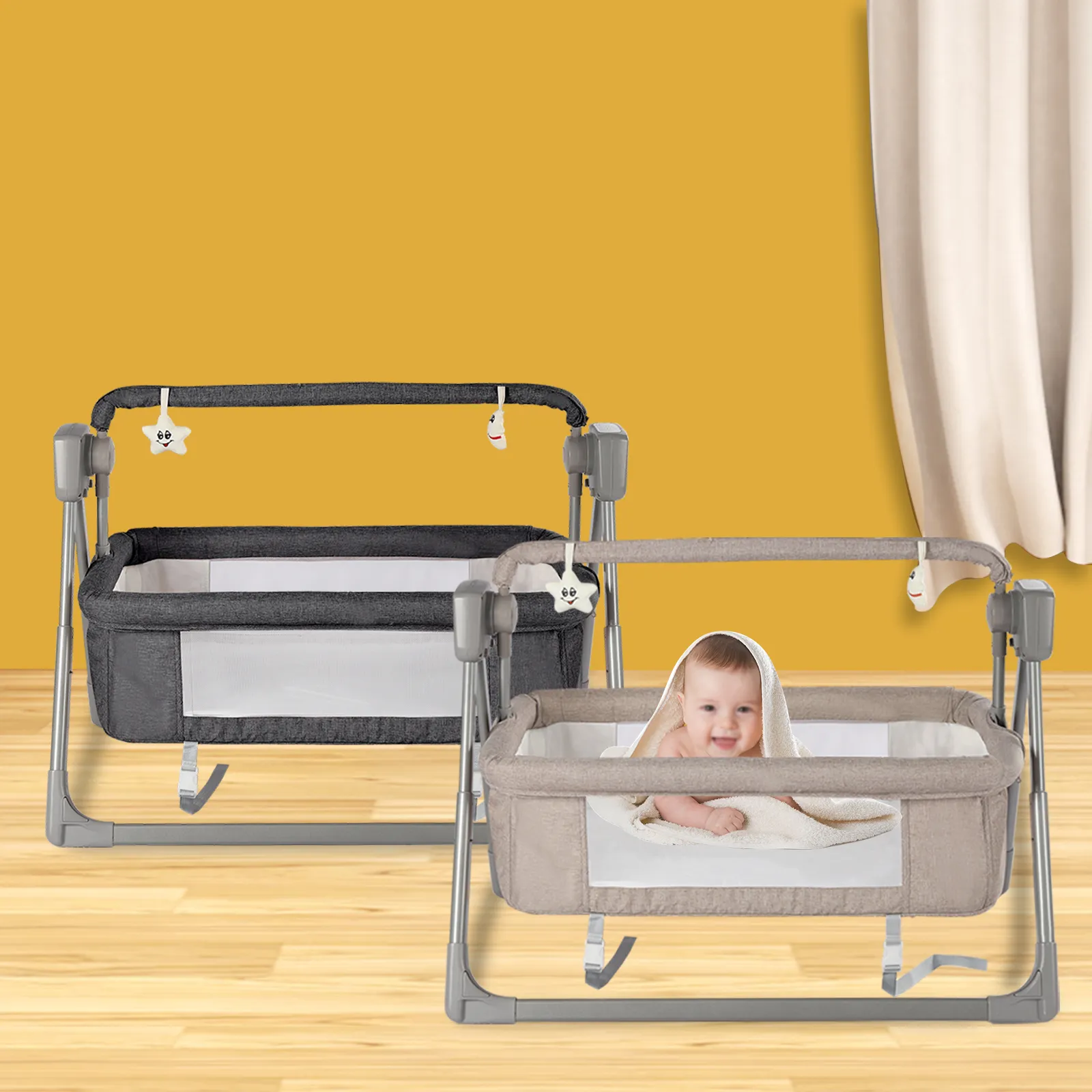 Gray/Khaki Electric Cradle Baby Swing Bed, Automatic Rocking Recliner Crib Basket, Music Remoter Control Sleeping Basket Cot