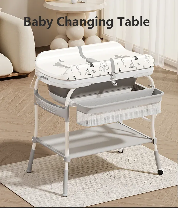 Baby Changing Table with Bathtub 2 in 1 Portable Foldable Infant Diaper Changing Table with Storage Tray 2 Wheels Anti-rollover