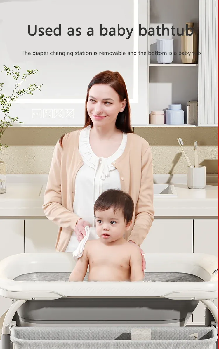 Baby Changing Table with Bathtub 2 in 1 Portable Foldable Infant Diaper Changing Table with Storage Tray 2 Wheels Anti-rollover