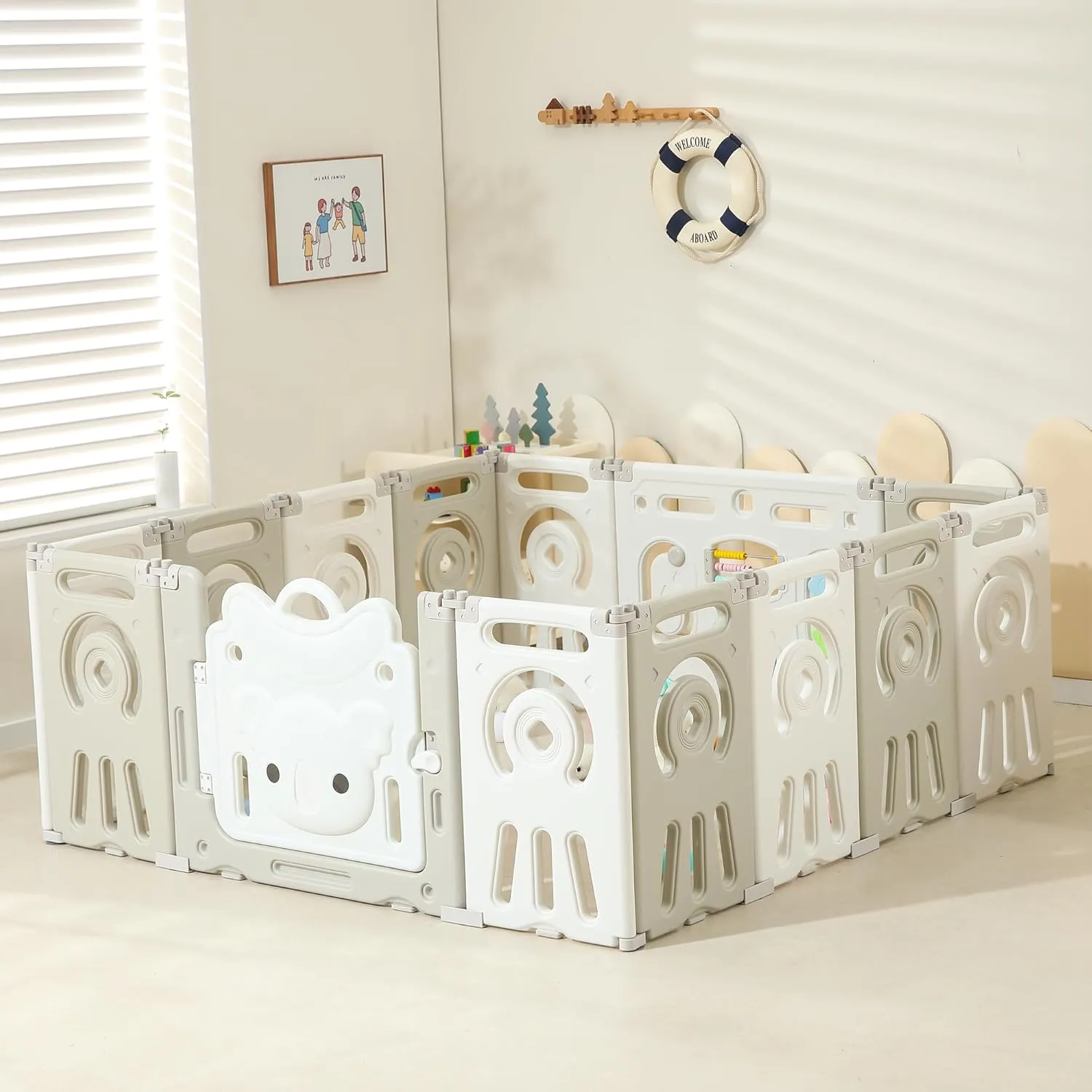 Foldable Koala Playpen for Toddlers, 14 Panels Large Play Yard, Adjustable & Portable Baby Fence - Grey