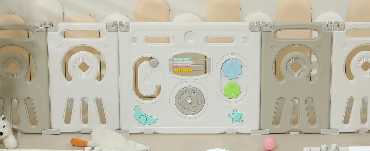 Foldable Koala Playpen for Toddlers, 14 Panels Large Play Yard, Adjustable & Portable Baby Fence - Grey