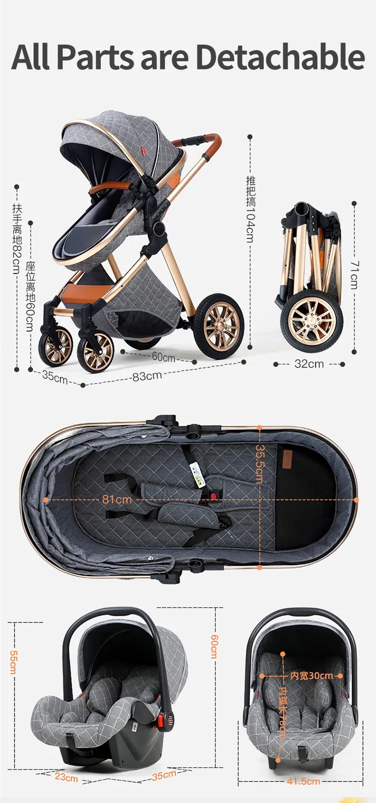 3in1 baby stroller multifunctional luxury baby stroller two-way seated and sleeping baby stroller, newborn travel baby stroller