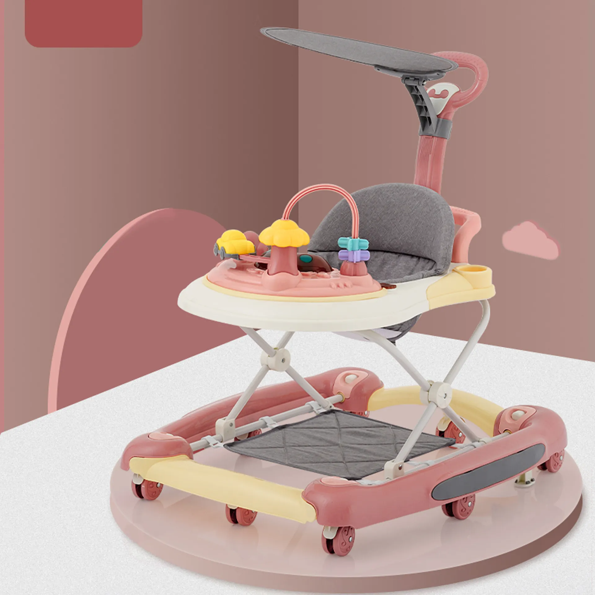 Baby Multi-Functional Comfortable Walker With Awning Anti-Rollover Baby Walker Can Sit, Adjust And Shake The Walker