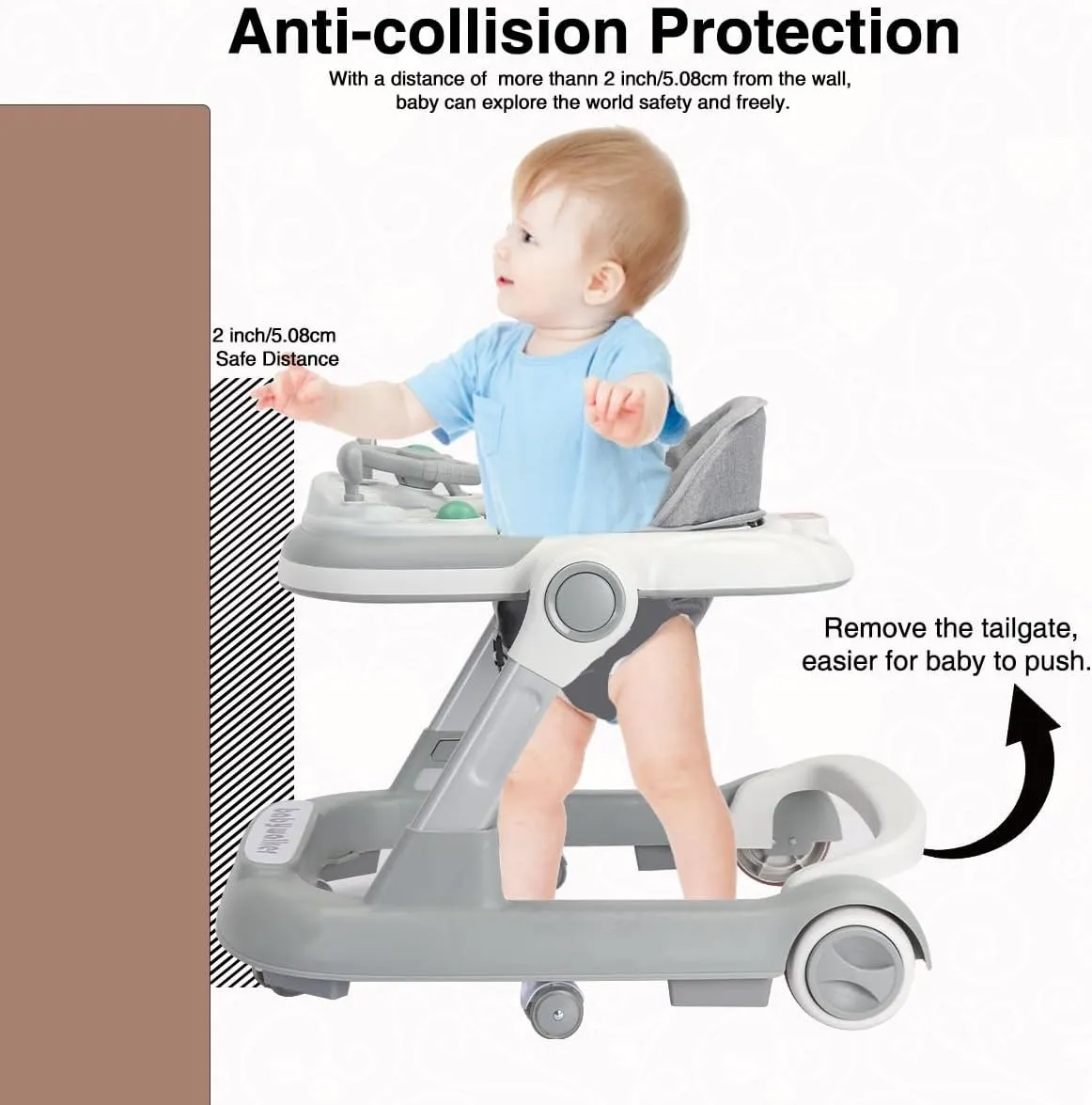 2 in 1 Baby Walker, Toddler Baby Push Walker with Removable Feeding Tray and Music Tray(Without Battery), Foldable Walker