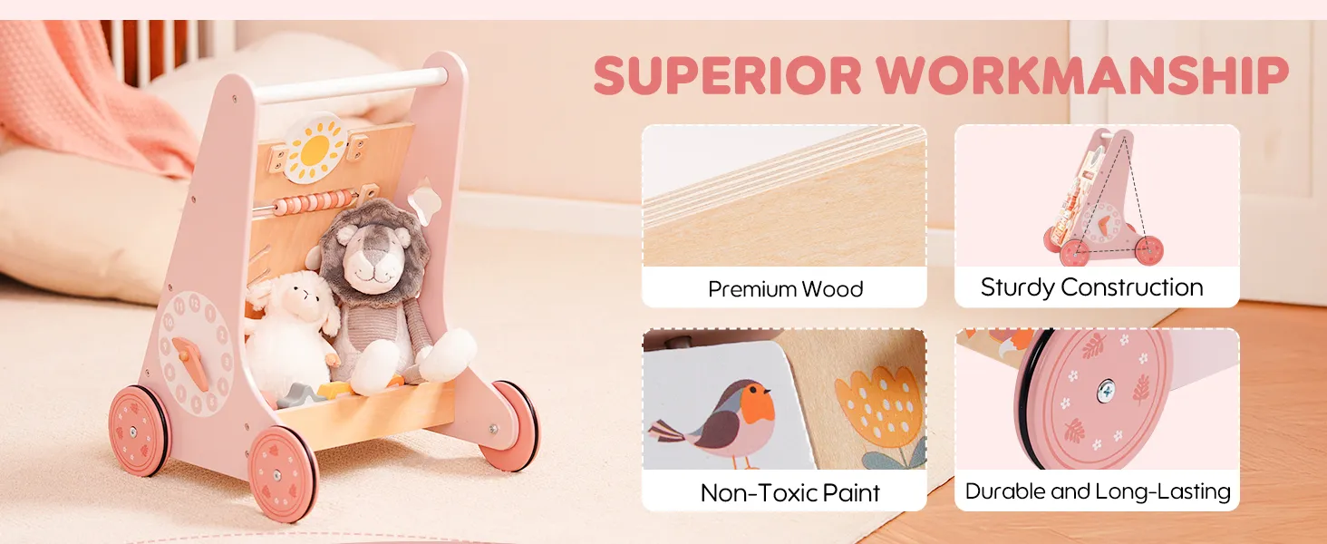 Robotime Robud Wooden Baby Walker Baby Push Walker with Activity Center and Storage Montessori Walker Toy for Boys Girls Pink