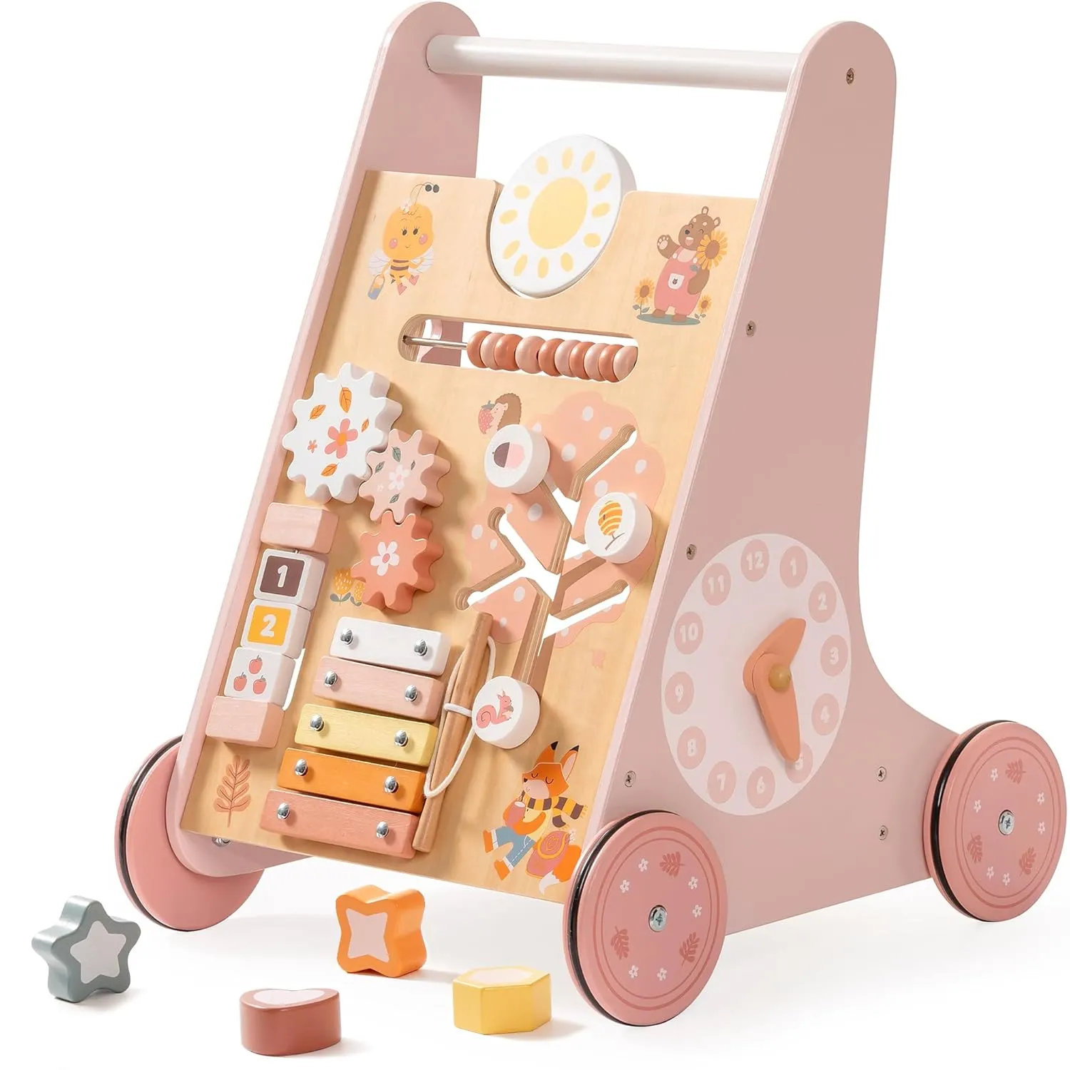 Robotime Robud Wooden Baby Walker Baby Push Walker with Activity Center and Storage Montessori Walker Toy for Boys Girls Pink