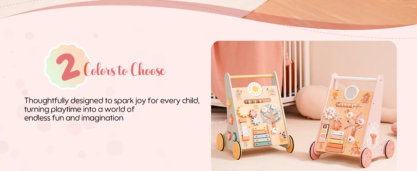 Robotime Robud Wooden Baby Walker Baby Push Walker with Activity Center and Storage Montessori Walker Toy for Boys Girls Pink