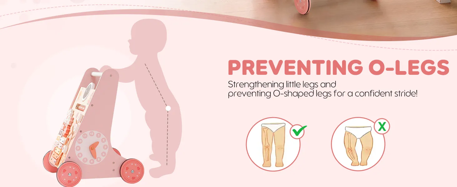 Robotime Robud Wooden Baby Walker Baby Push Walker with Activity Center and Storage Montessori Walker Toy for Boys Girls Pink