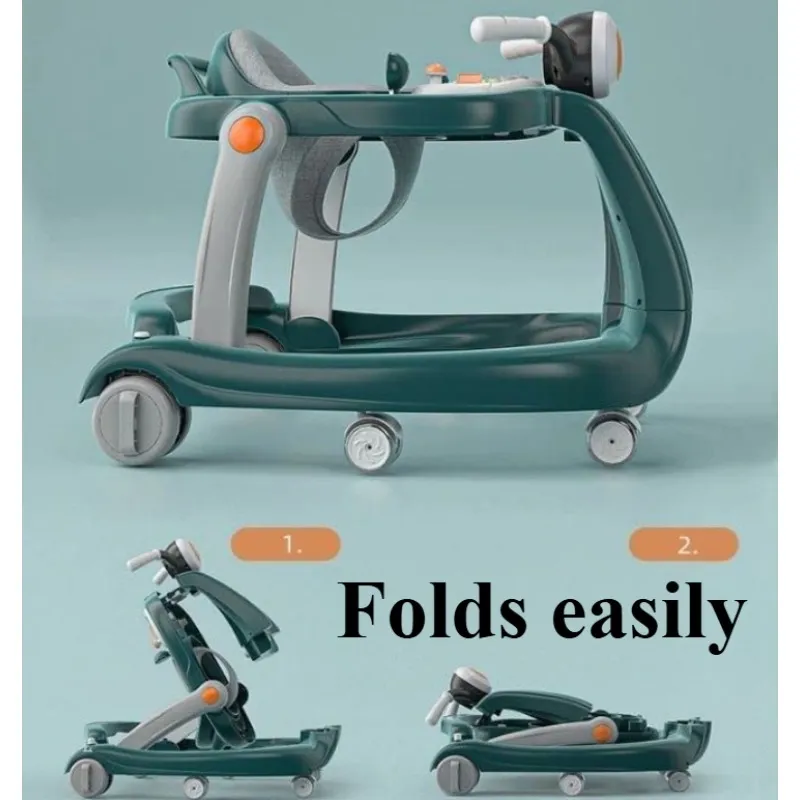 2-in-1 Baby Walker with Wheels Foldable Push Walker with Music Lights Activity Center Car with Interactive Toy Tray for Infants