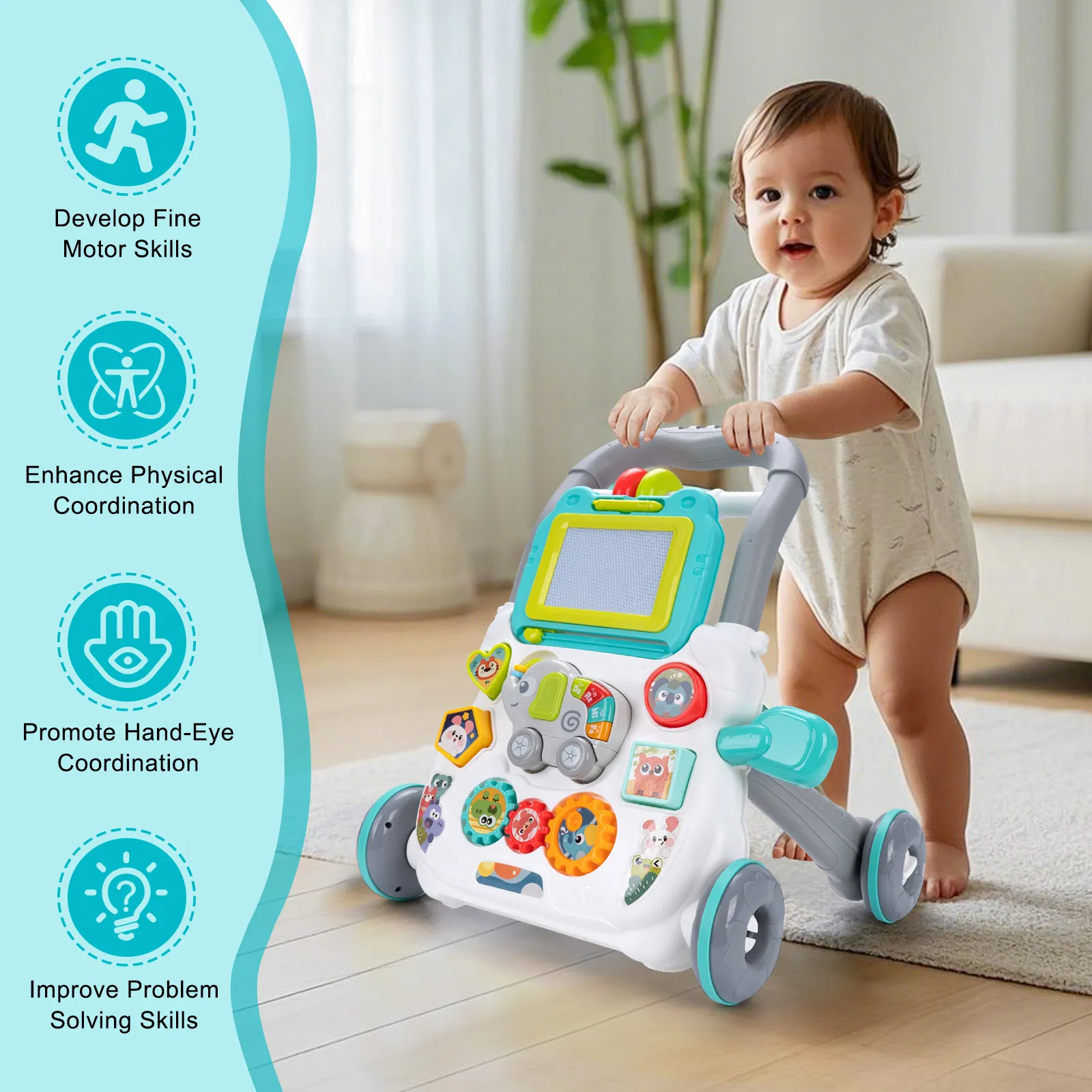 Baby Cartoon Push Walker Toy with Music Drawing Board Multifunction Activity Learning Walk Toddler Walker for 6-15 Months Infant